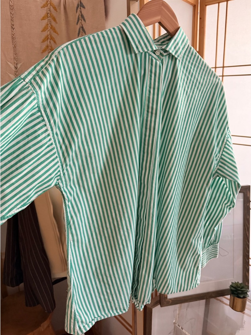 Ann Mashburn Green & White Stripe Button-Up Blouse – Size L
